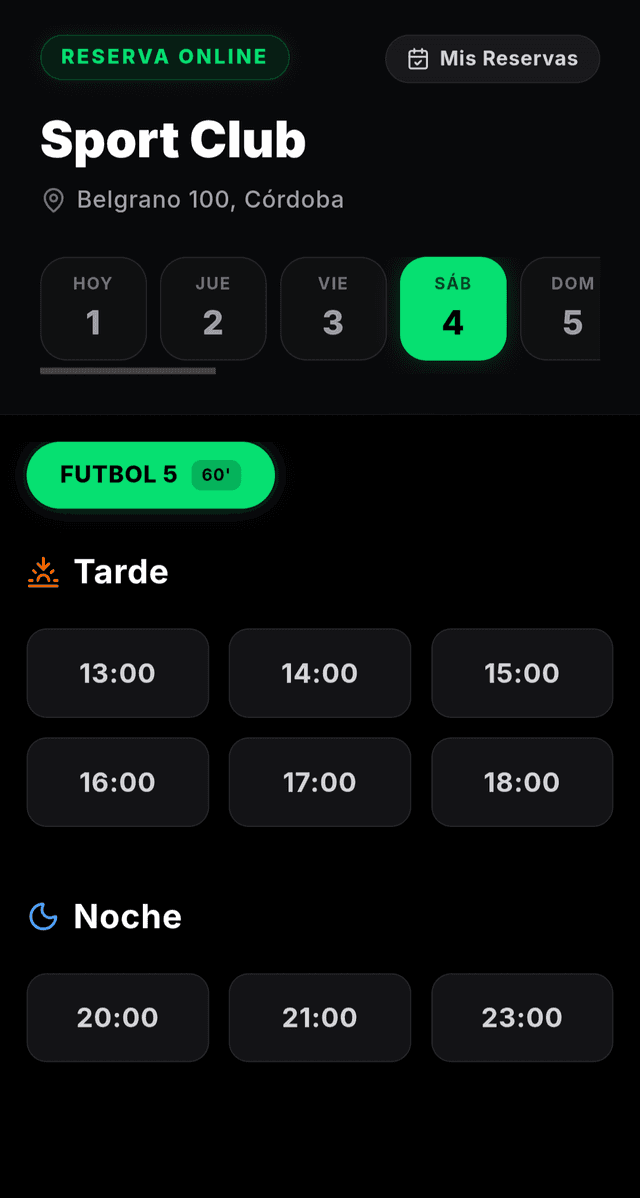 Pantalla de reserva de TurnoSport